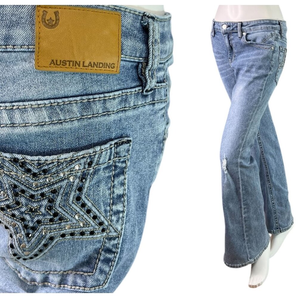 Austin Landing Flare Denim Jeans Star Rhinestone Embellished Pockets Size 11/30